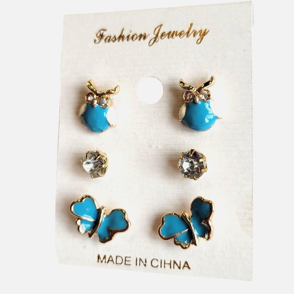 Blue Owl Stud Earrings Set w/ Crystal Studs & Butterfly Pair 3 Pair, Gift Bag